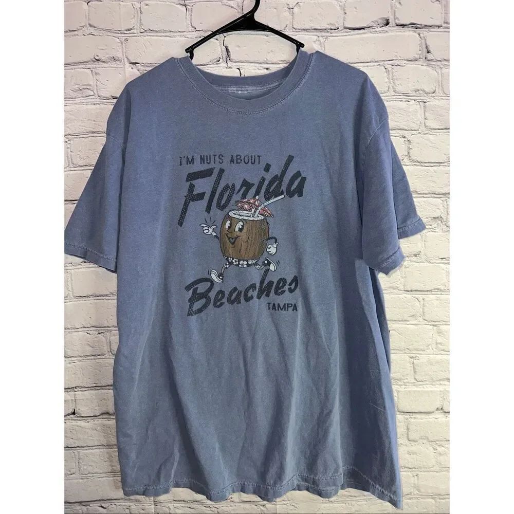 Men’s XL Tampa Florida Beaches Graphic T-Shirt Light Blue Coconut Tee Preowned